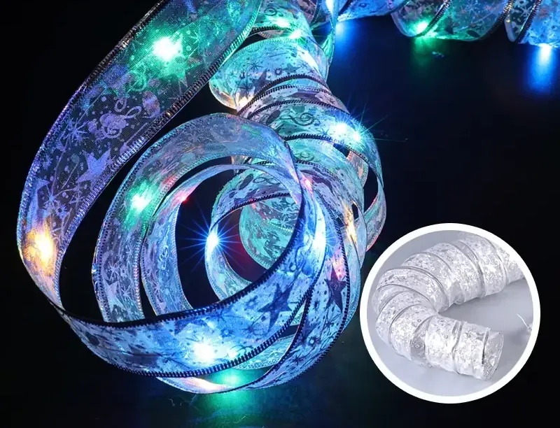 LED Satin Ribbon Light - Printed satin ribbon with LEDs threaded along it, used as a lit bow or garland.