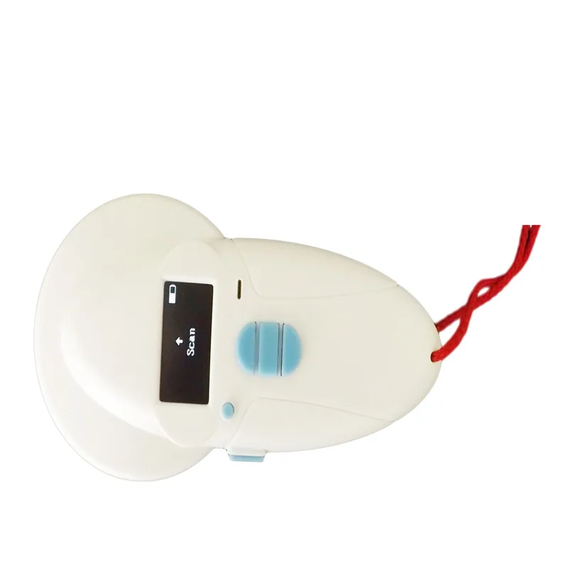 RBC-S5100 handheld RFID reader in hand, front view with OLED display and four buttons
