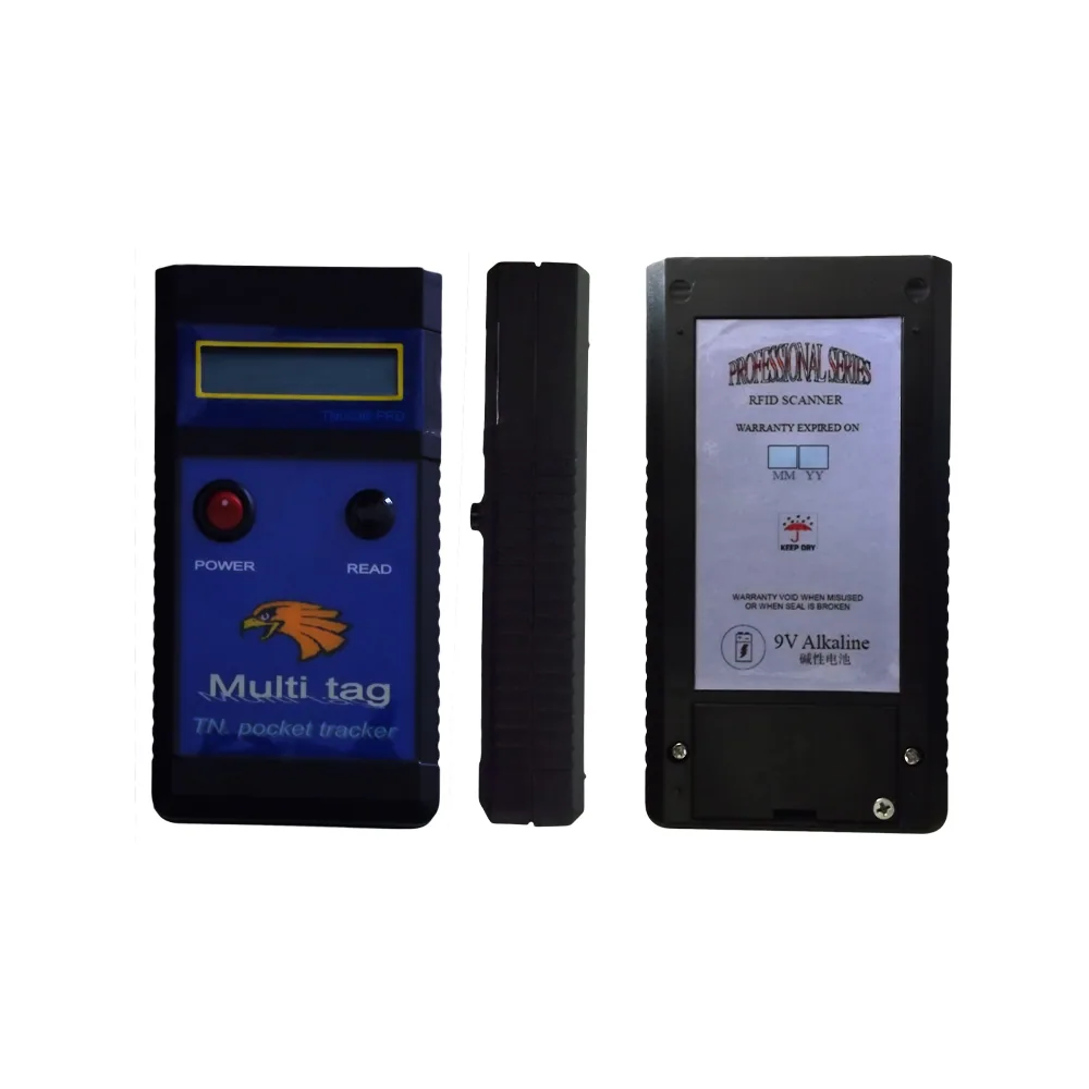 RBC-TN009B handheld RFID reader for Arowana fish, front view with red power button and black read button