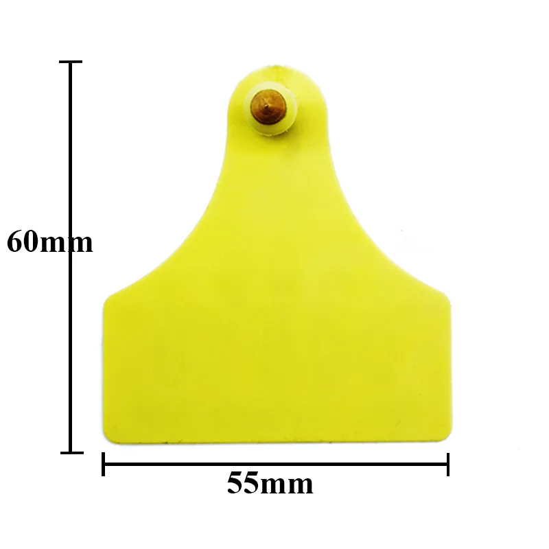RBC-ET01-UHF+G02 UHF livestock ear tag pair shown front and back with dimension labels