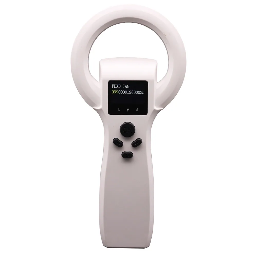 RBC-S15 handheld RFID reader in black with color screen and four buttons on white background
