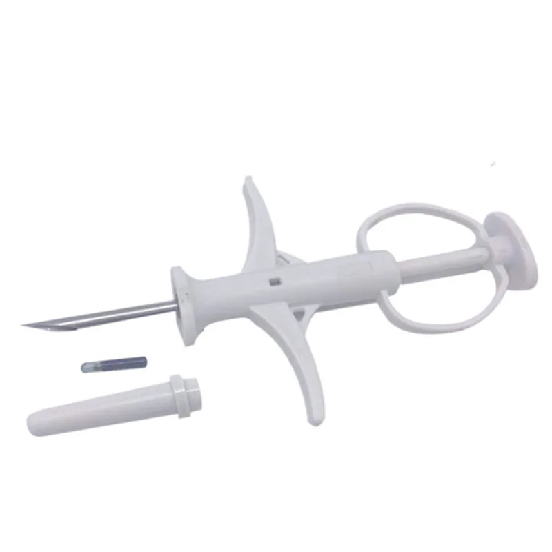 RBC-Z00 microchip syringe with bio-grade glass tube and matching sticker number on white background