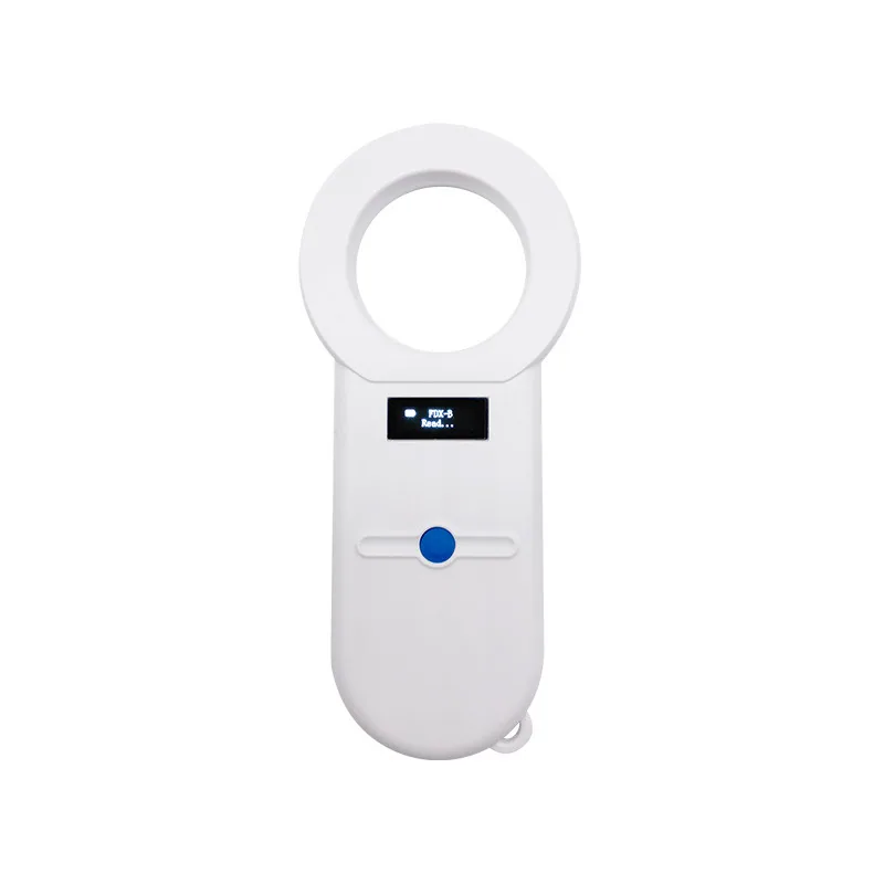 RBC-RT03 Mini Pets Reader in hand with high-brightness OLED display visible