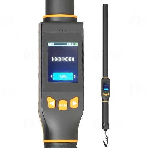 RBC-S18 Stick Reader in hand, showing the three-button interface and long stick design