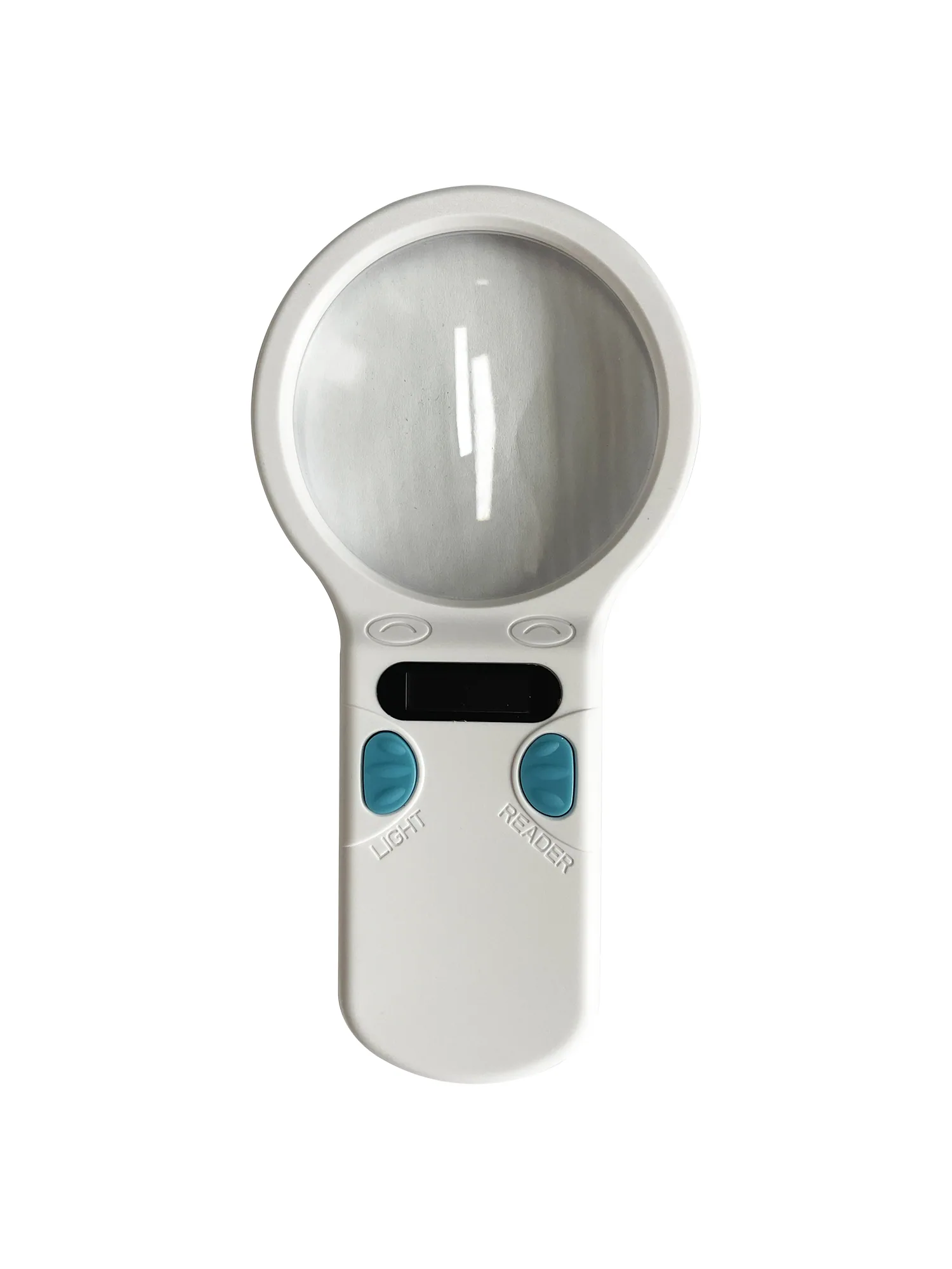 RBC-S20-Mini handheld RFID reader in black with four buttons and OLED screen on white background