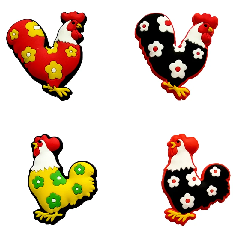 Four soft PVC rooster magnets in red black yellow and green each patterned with contrasting flowers
