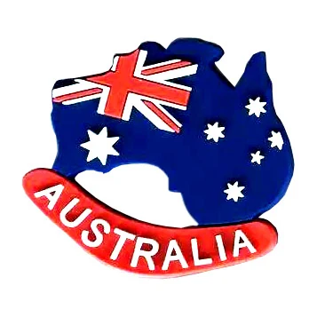 Soft PVC magnet of the Australian continent filled with the national flag above a red ribbon reading Australia