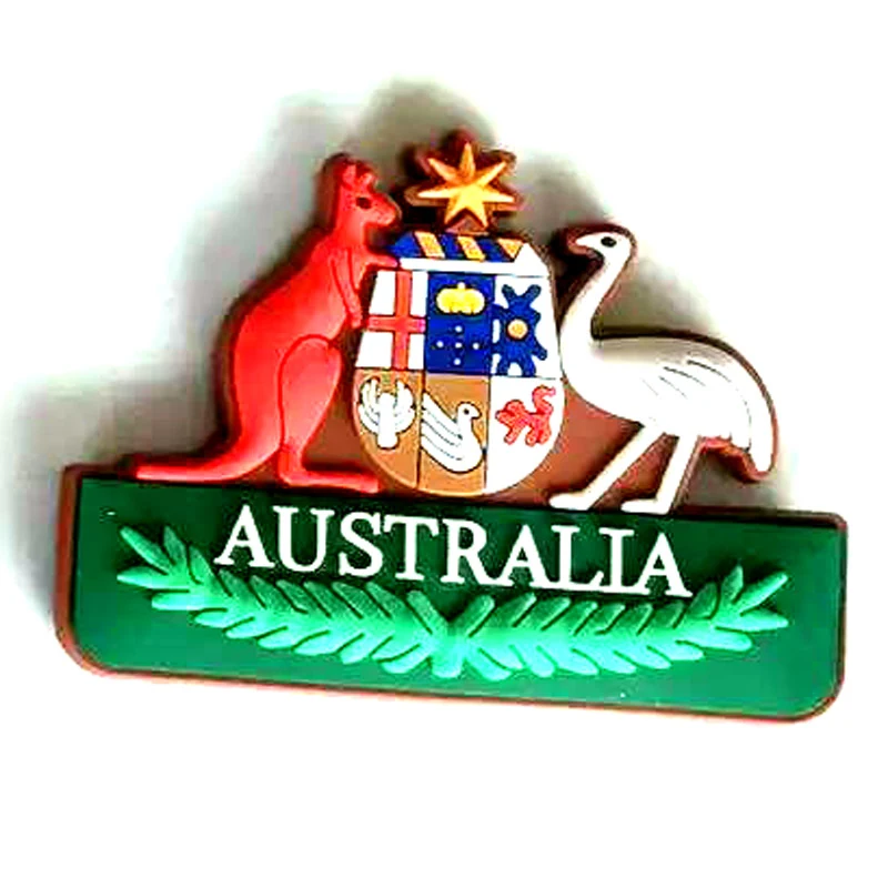 Soft PVC magnet of the Australian coat of arms with kangaroo and emu above a green banner reading Australia
