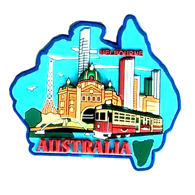 Soft PVC magnet shaped as Australia showing Flinders Street Station a red tram and the word Australia