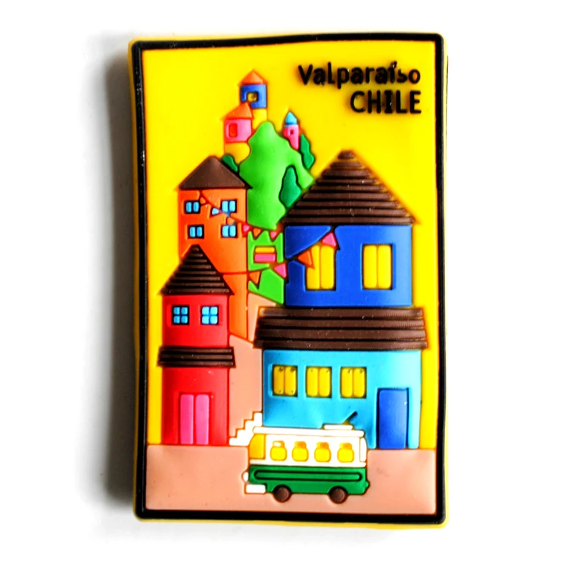 Rectangular soft PVC magnet showing stacked colourful Valparaiso houses and a green trolleybus with the city name at the top