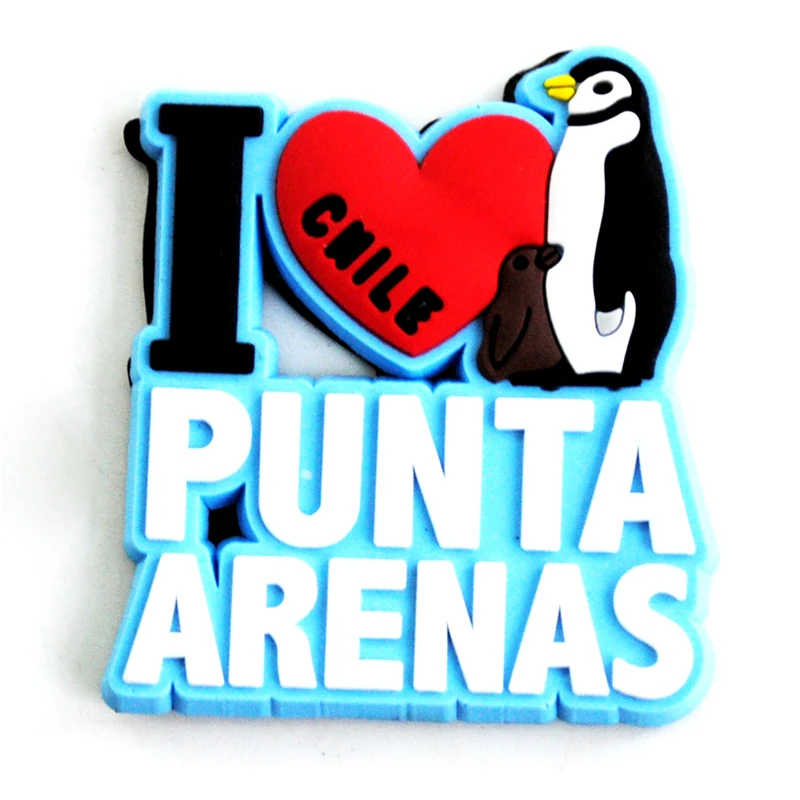 Soft PVC magnet reading I love Chile Punta Arenas with a red heart and two moulded penguins