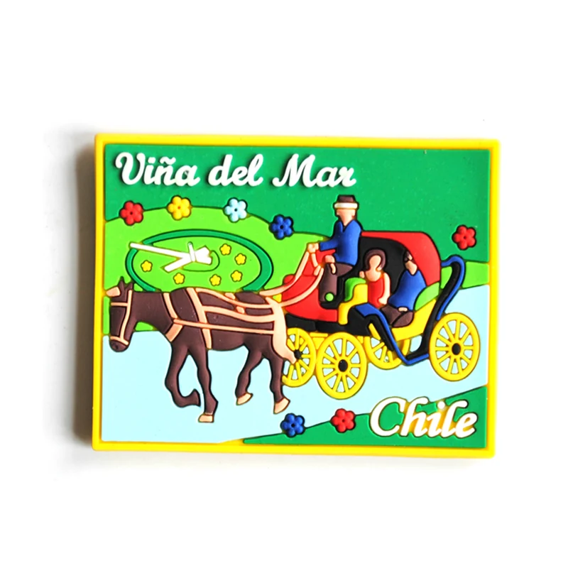 Square soft PVC magnet with a yellow border showing a horse drawn carriage and the words Vina del Mar Chile