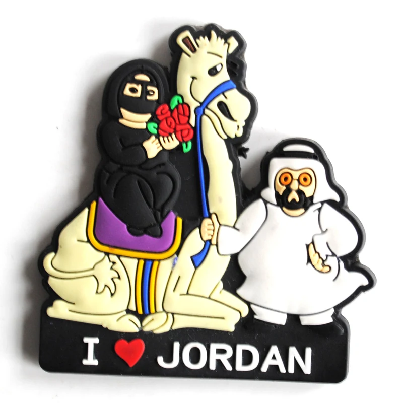 Soft PVC magnet of a camel with a man in white robes and a woman in black standing beside it above an I love Jordan banner
