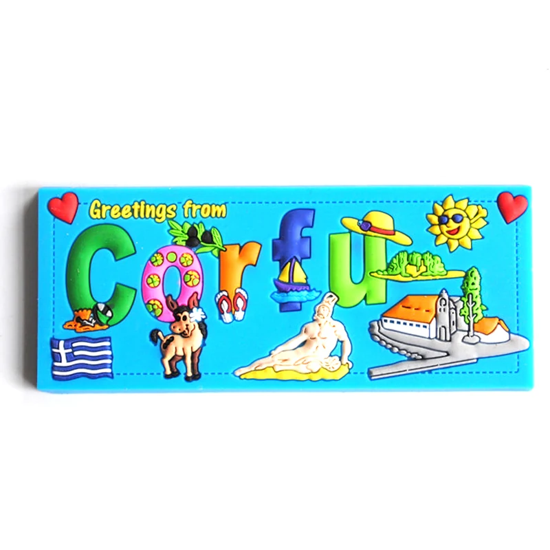 Turquoise landscape soft PVC magnet reading Greetings from Corfu with hearts a sailing boat and beach figures