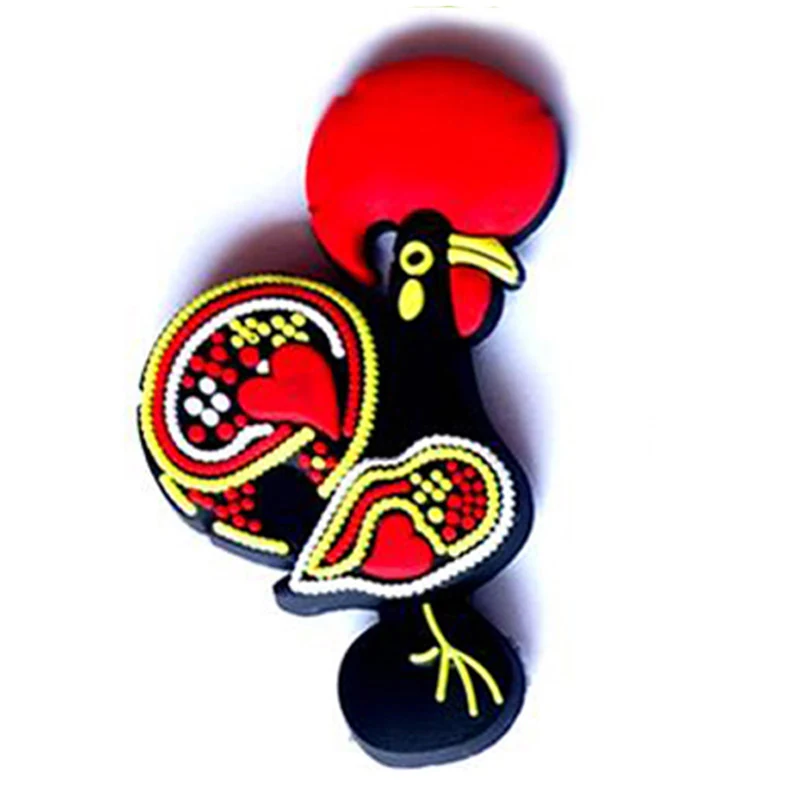 Black soft PVC rooster magnet with red and white heart and flower patterns in the Portuguese Barcelos style