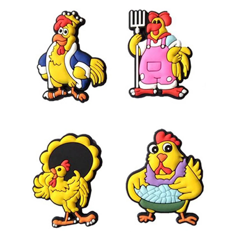 Four soft PVC rooster magnets dressed as a chef a farmer and two aproned hens carrying baskets