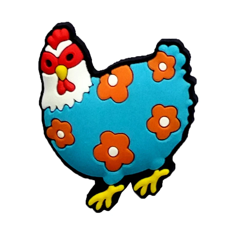 Single soft PVC hen magnet with a light blue body orange flowers and a red comb