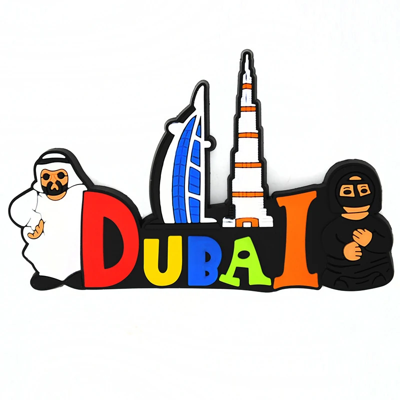 Soft PVC magnet with the Burj Al Arab and Burj Khalifa behind coloured Dubai lettering and two figures in traditional dress