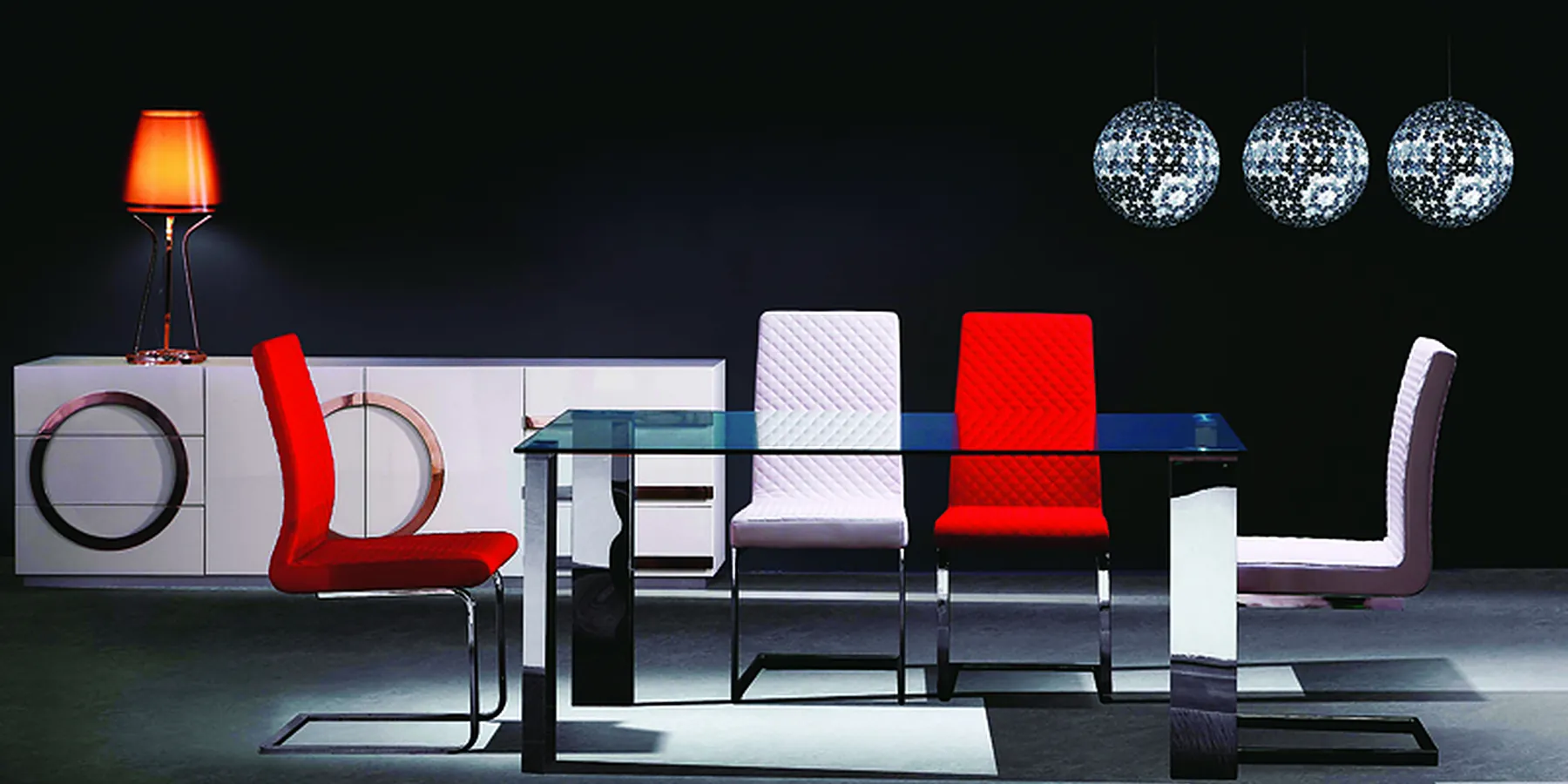 Glass dining table with upholstered dining chairs produced by Romance Furniture