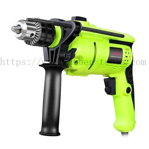 Green and black corded electric drill with keyed chuck