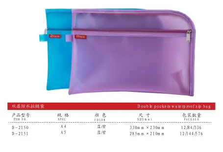 Original specification chart for Waterproof Zipper Bag showing item numbers, sizes and packing quantities