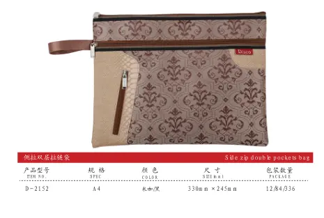 Original specification chart for Side Zipper Bag showing item numbers, sizes and packing quantities