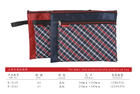 Original specification chart for Tridimensional Zipper Bag showing item numbers, sizes and packing quantities