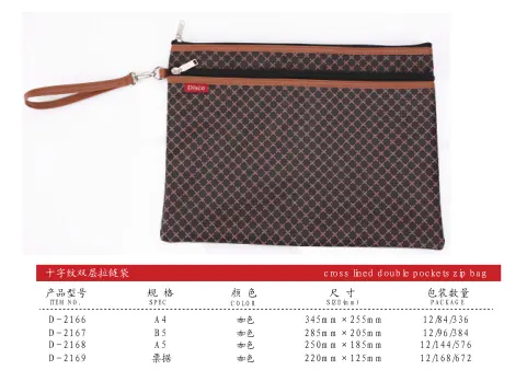 Original specification chart for Cross Lined Zipper Bag showing item numbers, sizes and packing quantities