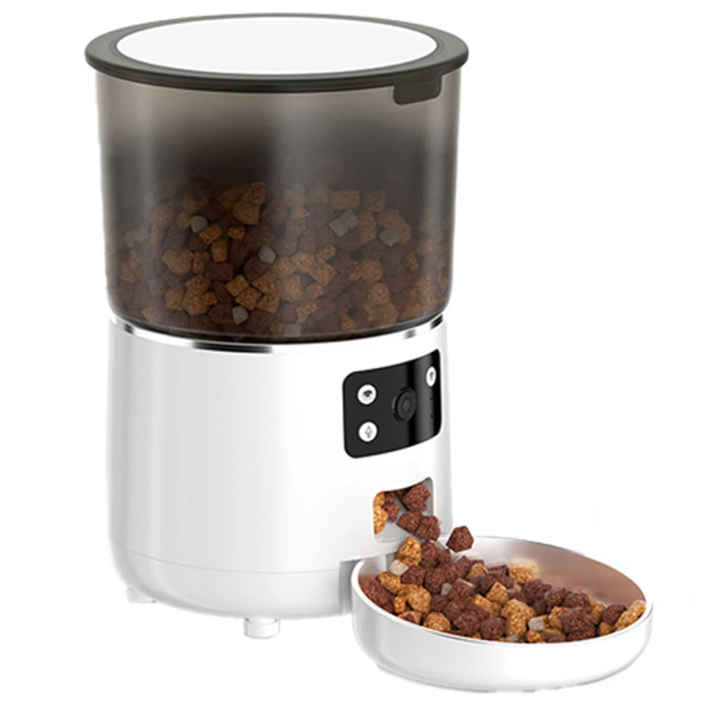 Automatic pet feeder with clear hopper full of kibble and a stainless steel bowl of food.