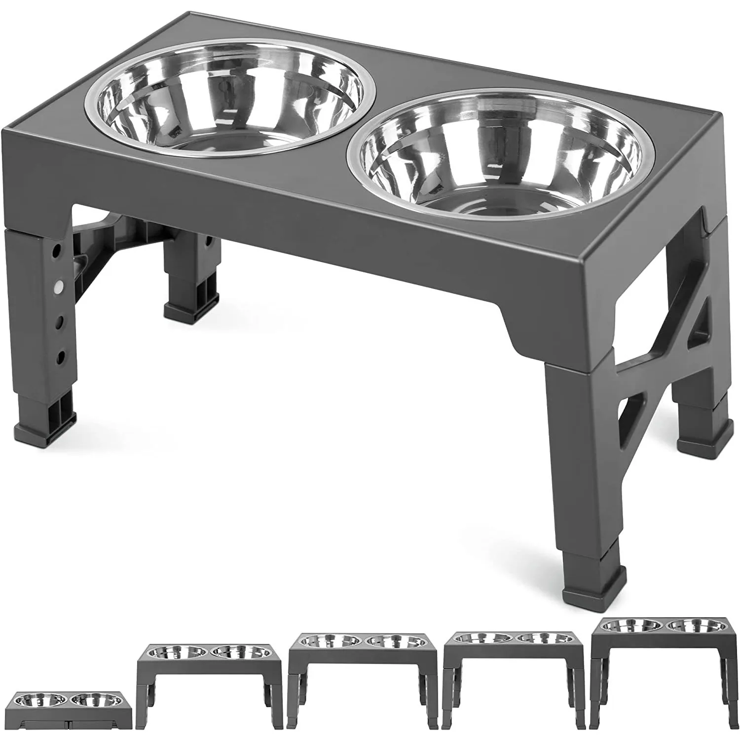 Elevated double dog bowl stand with two stainless steel bowls and adjustable height legs