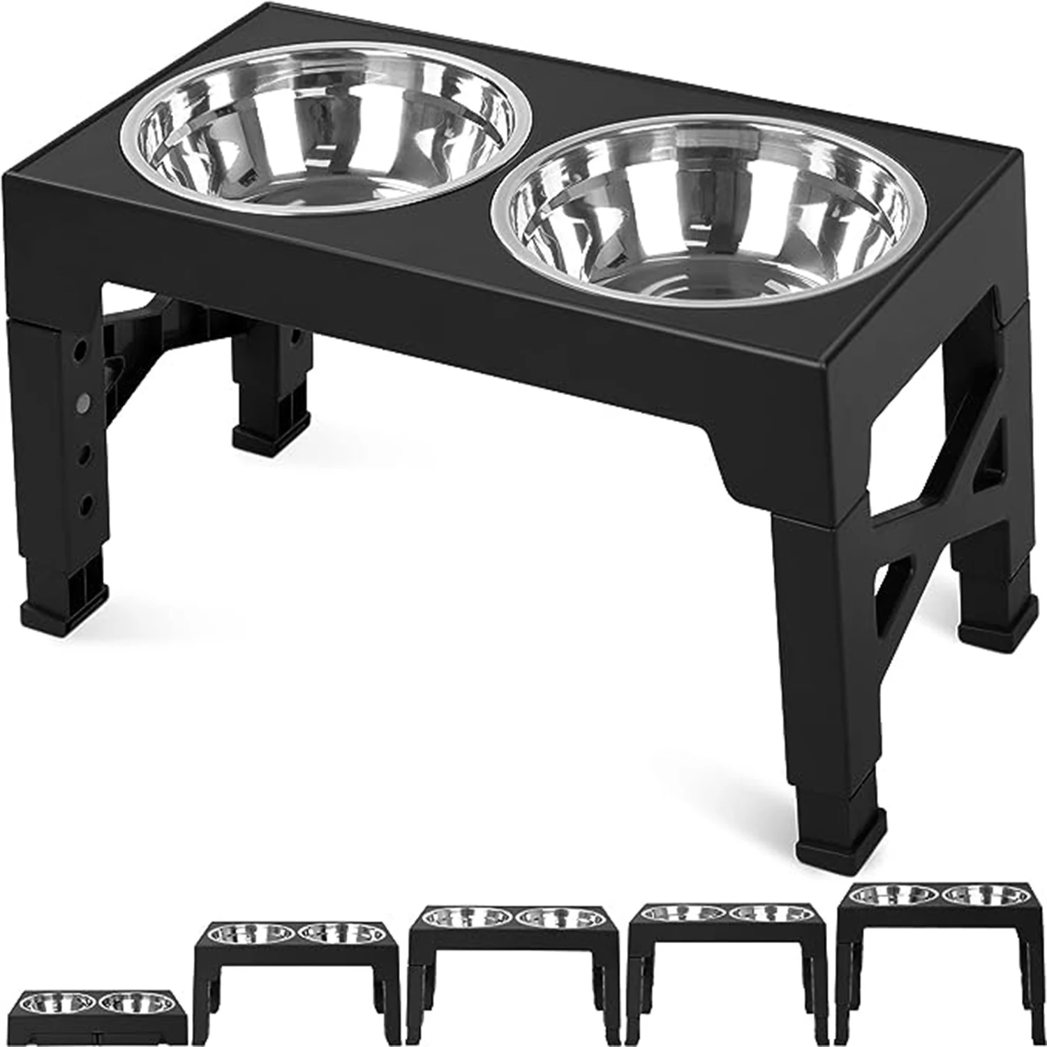 Black elevated pet feeder stand with two stainless steel bowls, with smaller variations shown at the bottom.
