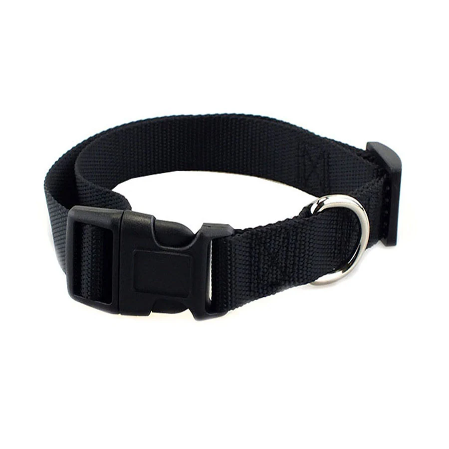Black nylon pet collar with plastic buckle and metal D-ring