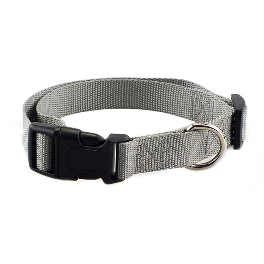 Gray woven fabric dog collar with black plastic buckle and metal D-ring