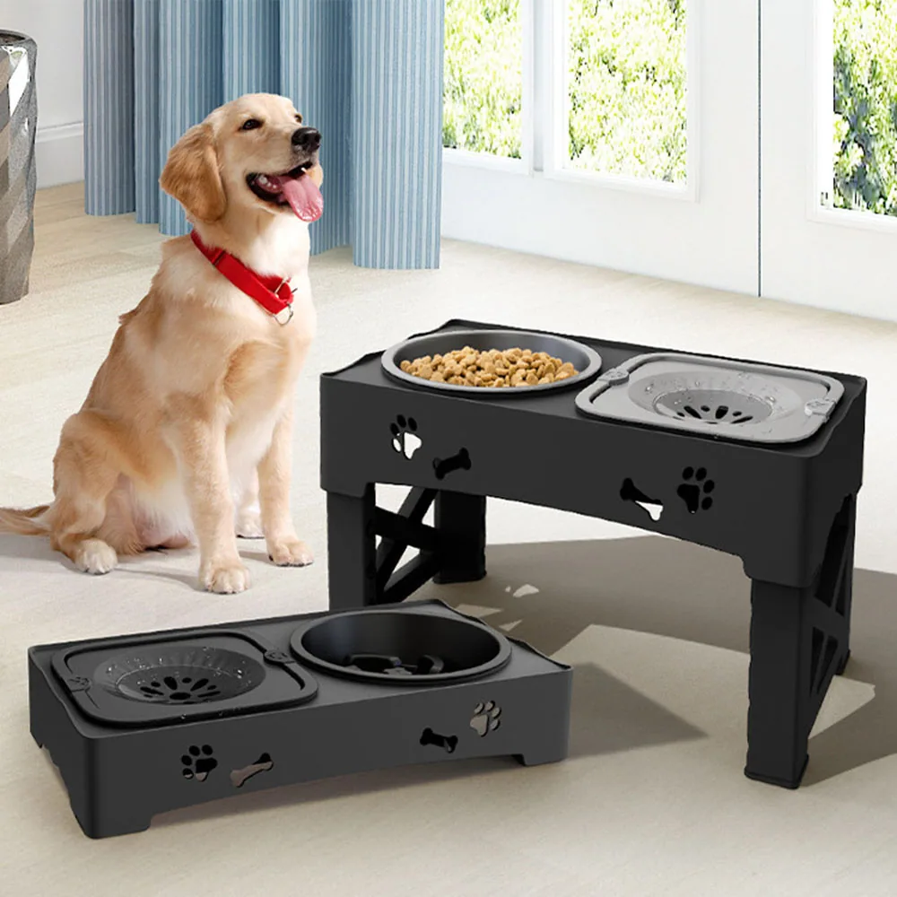 A golden retriever sitting next to elevated and low-profile black dog bowl stands.
