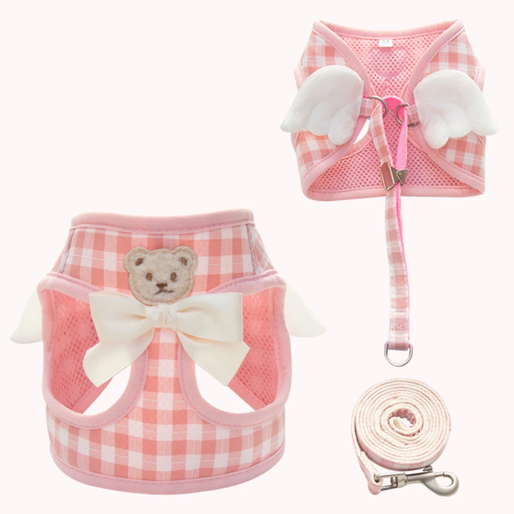 Pink plaid pet harness set featuring a teddy bear patch, bow, and plush wings.