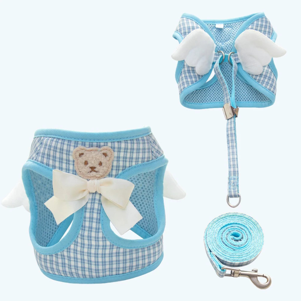 Blue plaid pet harness set with white wings, bear applique, bow, and matching leash
