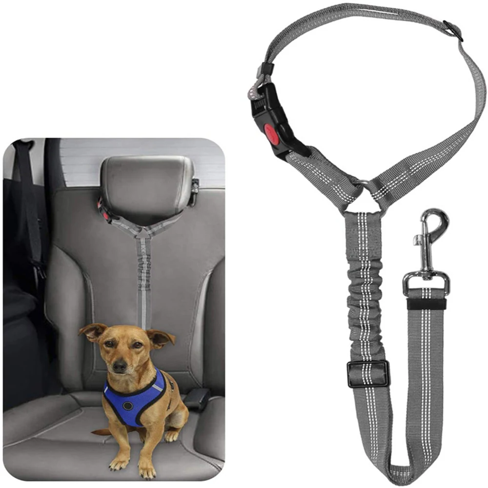 Gray dog seatbelt restraint shown attached to a car seat with a brown dog, alongside a close-up of the strap.