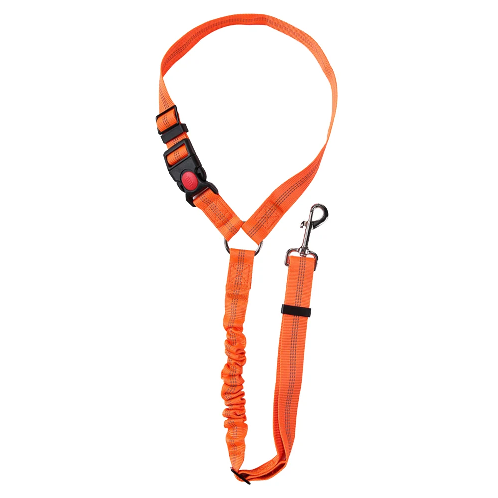 Orange safety harness with black buckles and metal hook on a white background