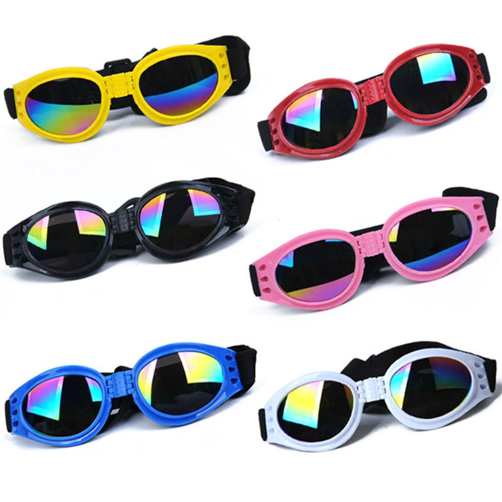 Six pairs of protective glasses with colored frames and reflective lenses arranged in a grid.
