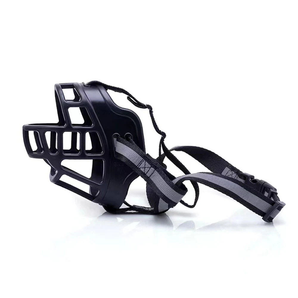 Black plastic dog muzzle with adjustable grey and black straps