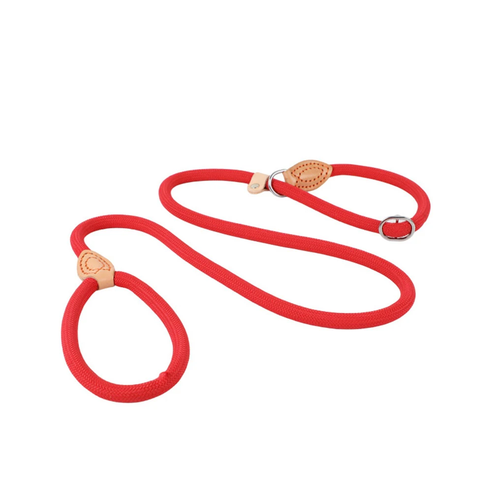 Red rope dog leash with tan leather accents and metal hardware on a white background