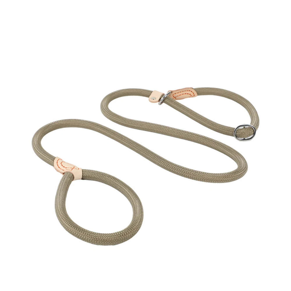 A tan rope dog leash with leather accents and metal hardware on a white background.