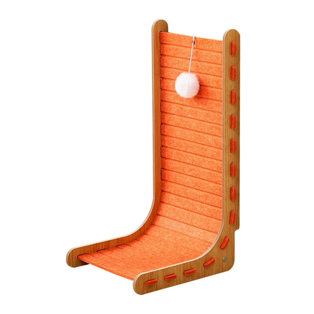 Vertical wooden cat scratcher with orange felt surface and a hanging pom-pom toy.