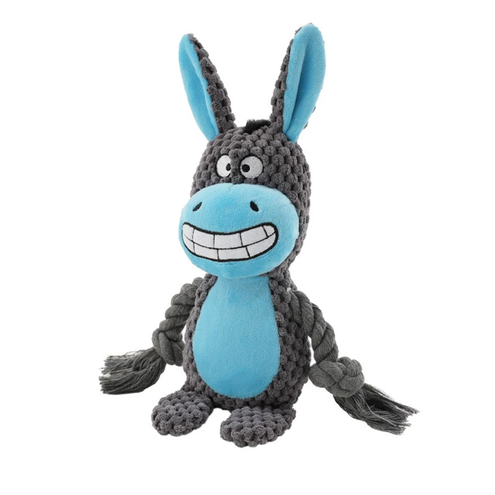 Gray and blue crocheted donkey plush toy with rope legs and a toothy smile
