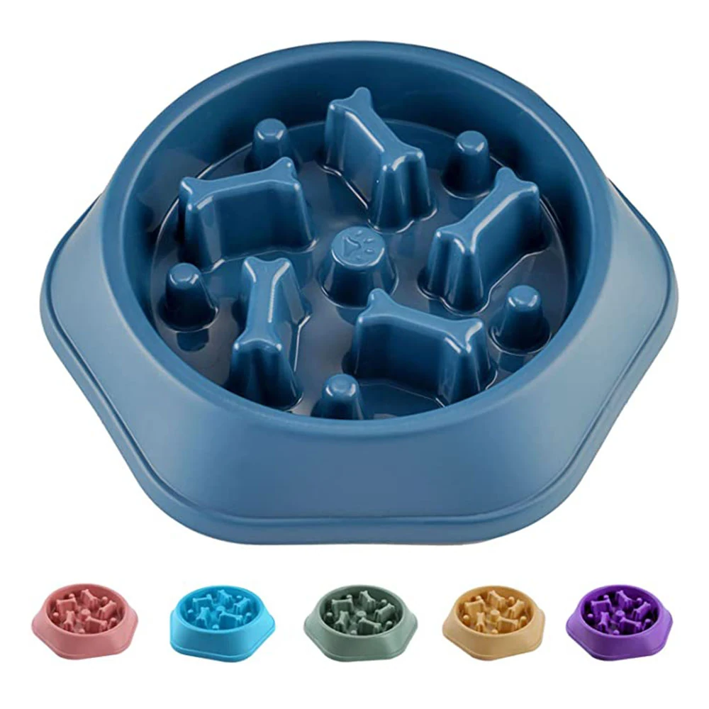 Blue slow feeder dog bowl with color options shown below