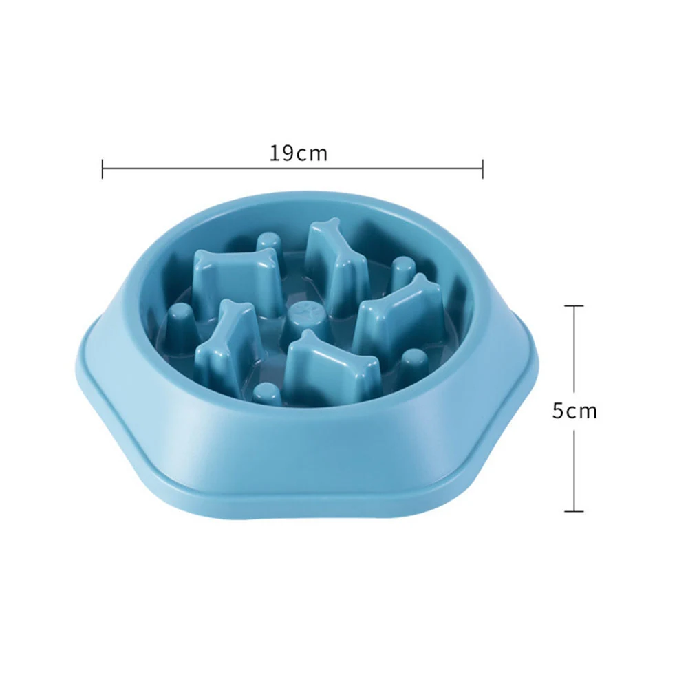Blue slow feeder dog bowl with internal maze obstacles and dimension lines showing 19cm width and 5cm height.