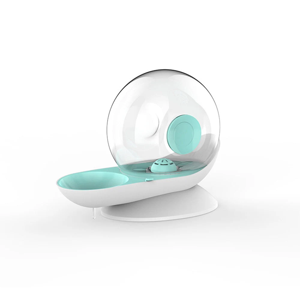 A modern white and teal pet water dispenser with a clear spherical reservoir.