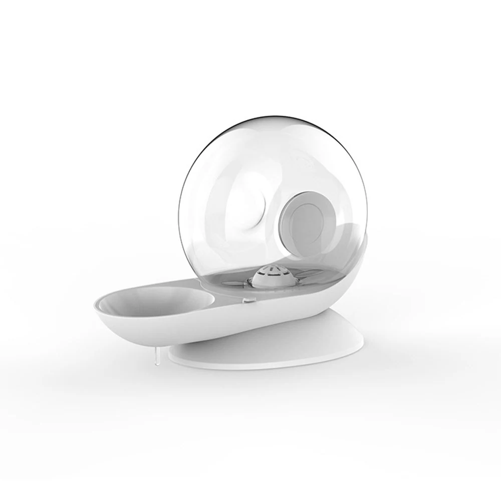 A modern, white automatic pet water dispenser with a large, clear water reservoir.
