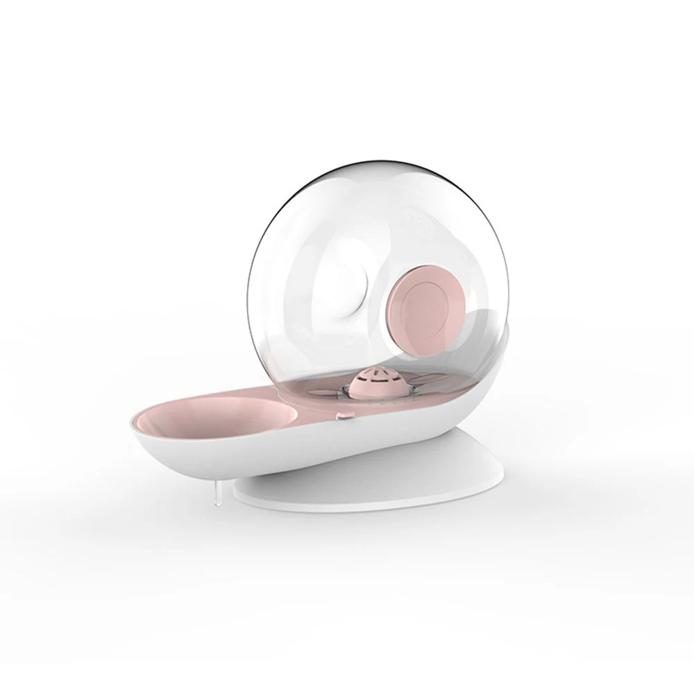 A modern pet water fountain with a clear spherical reservoir and a pink bowl on a white base