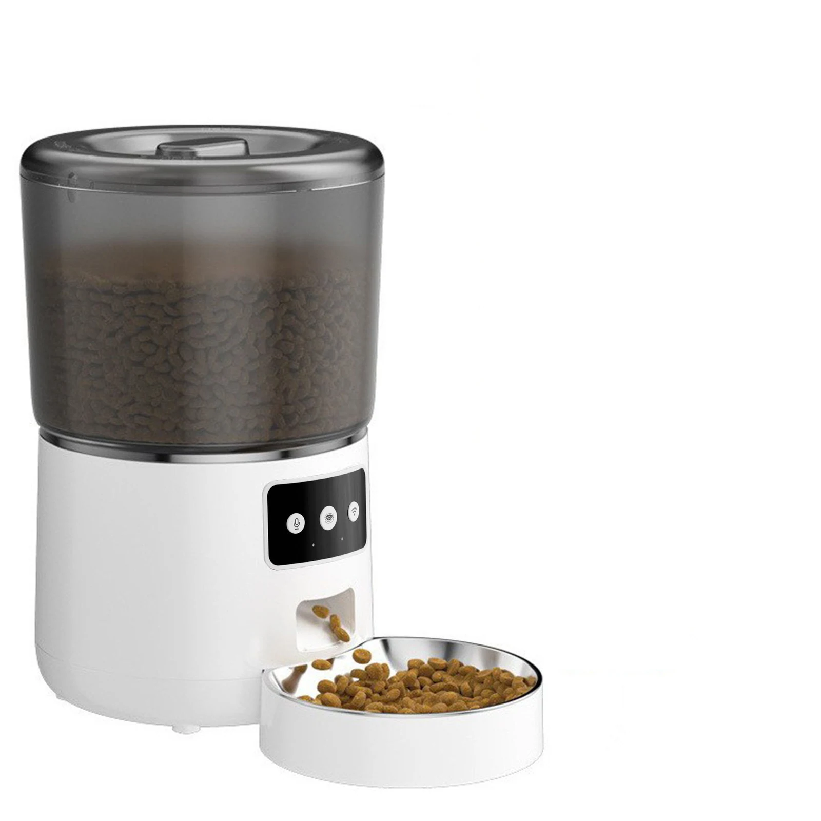 Automatic pet feeder with clear hopper filled with kibble and a stainless steel bowl